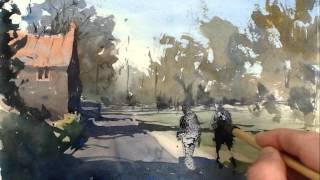 Watercolour Demonstration  How to Paint a Country Scene with House Trees and People 1 [upl. by Ajam]