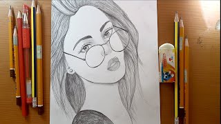 Disegni facili disegnare Una ragazza con bei capelli Pencil Sketch How to draw a Girl with Glasses [upl. by Eutnoj]