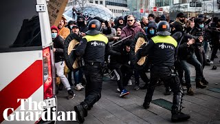 Antilockdown rioters clash with Dutch police in two cities in the Netherlands [upl. by Urdna261]