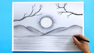 How to Draw a simple Landscape  Easy Pencil Drawing [upl. by Kraft]