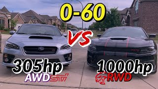 305hp WRX STI vs 1000hp Hellcat  060 on the street Unreal [upl. by Oreves]