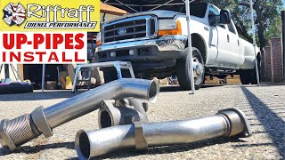 2001 F350 73  RiffRaff UpPipes Install  Stock up pipes leaking and falling apart JUNK SP [upl. by Kyne]