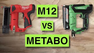 Nailer showdown Milwaukee M12 vs Metabo 23 ga Nail Gun [upl. by Ennelram]