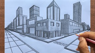 How to Draw using Two Point Perspective Draw a Town Stepbystep [upl. by Lein]