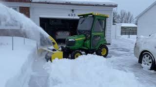 GAYLORD MICHIGAN John Deere X758 snowblowing 7” of snow 2021 Otsego County in the Alpine Village [upl. by Naesed]