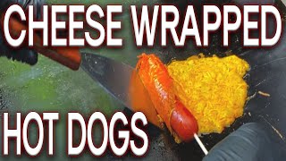 AMAZING CHEDDAR CHEESE WRAPPED HOT DOGS MADE ON THE BLACKSTONE GRIDDLE [upl. by Samau]