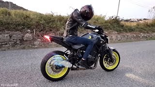 Yamaha MT07  SOUNDCHECK AND FLAMES  SC Project CRT Full Exhaust [upl. by Wilinski]