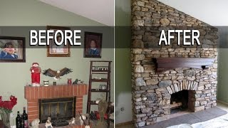 Eldorado Stone Fireplace Installation with mantel  Time Lapse  installing stone veneer [upl. by Iolanthe]