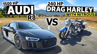 1500hp Audi R8 races 240hp Harley Drag Bike… with Nitrous [upl. by Gav609]