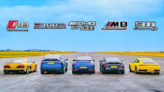 BMW M8 v Audi R8 v AMG GT 4dr v 911 vs Tesla Model X DRAG RACE [upl. by Nosmas]